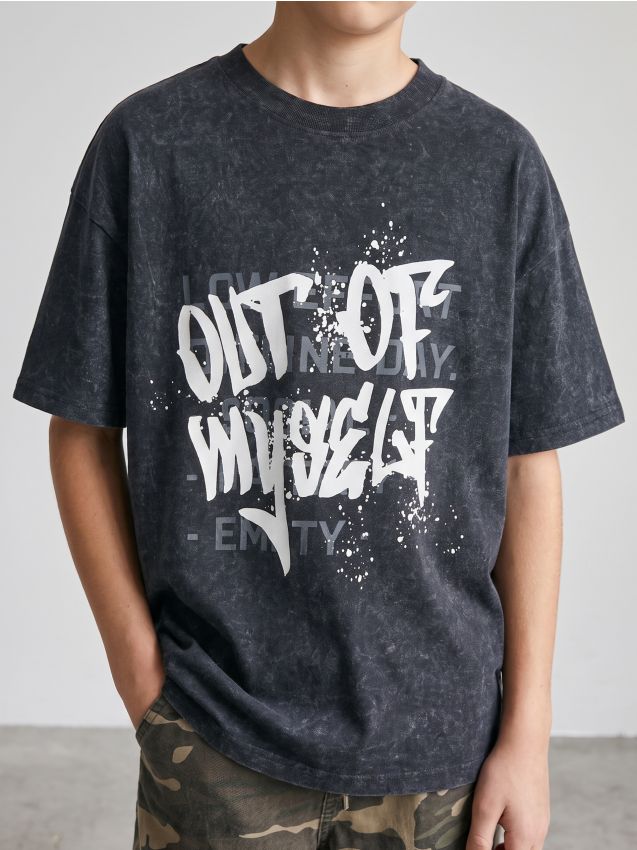Sinsay - Tricou oversized cu text - negru