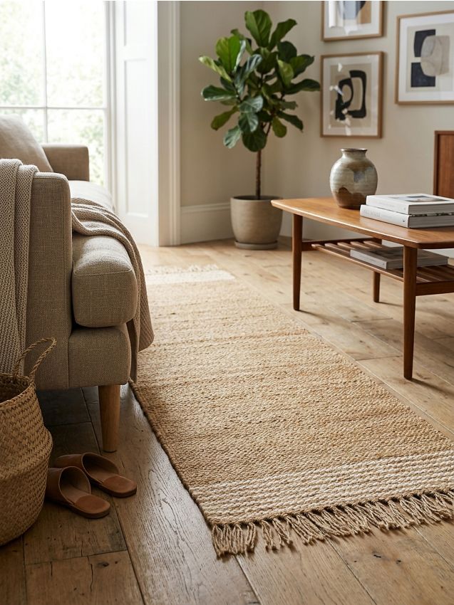 Tappeto con misto lana con frange - beige