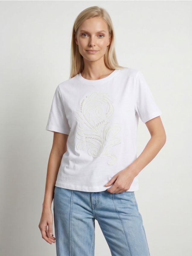 Sinsay - Tricou din bumbac cu aplicații 3D - alb