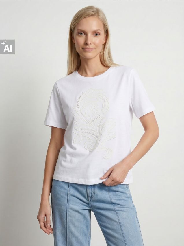 Sinsay - Tricou din bumbac cu aplicații 3D - alb
