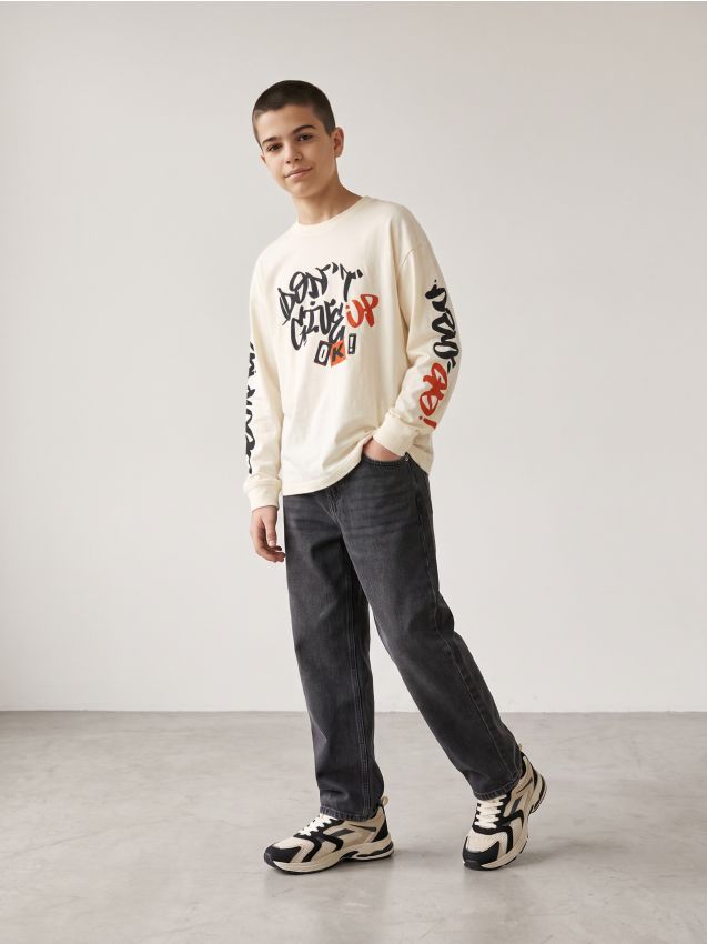 Sinsay - Tricou din bumbac cu mânecă lungă și imprimeu graffiti - crem
