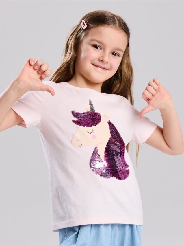 Sinsay - Tricou din bumbac cu aplicație din paiete - roz-pastel