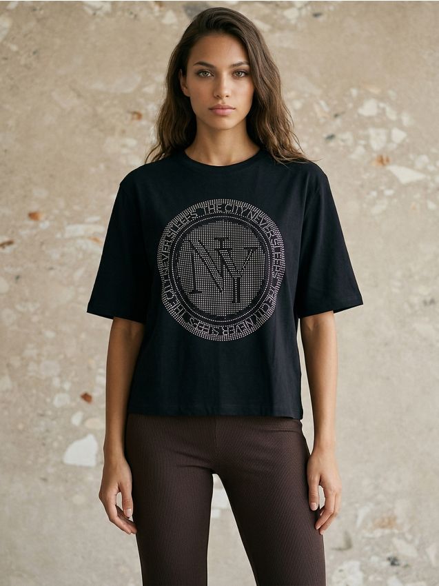 Sinsay - Tricou din bumbac cu strasuri decorative - negru