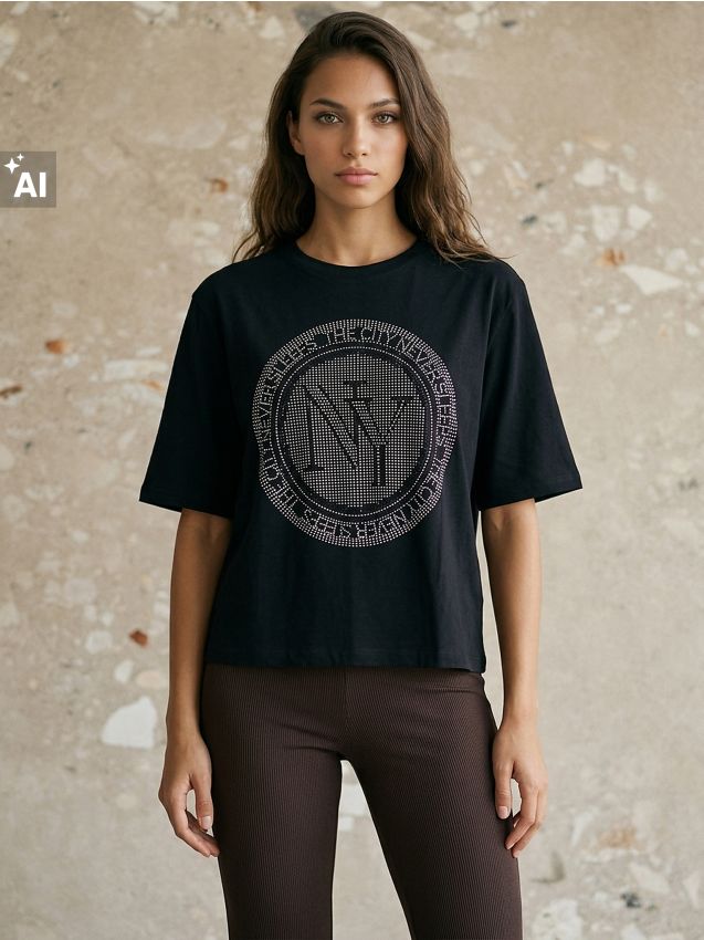 Sinsay - Tricou din bumbac cu strasuri decorative - negru