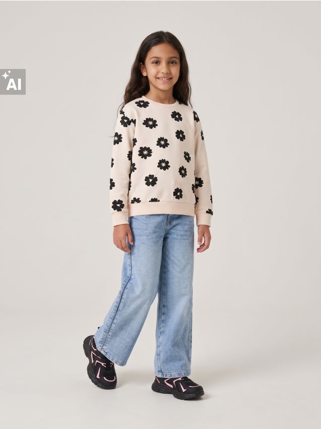 Sinsay - Blugi wide leg cu efect prespălat - albastru