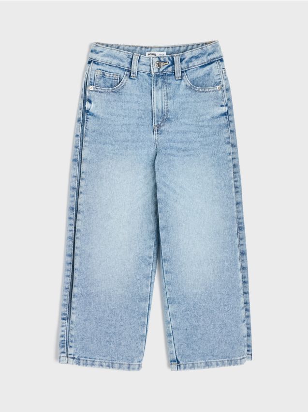 Sinsay - Blugi wide leg cu efect prespălat - albastru