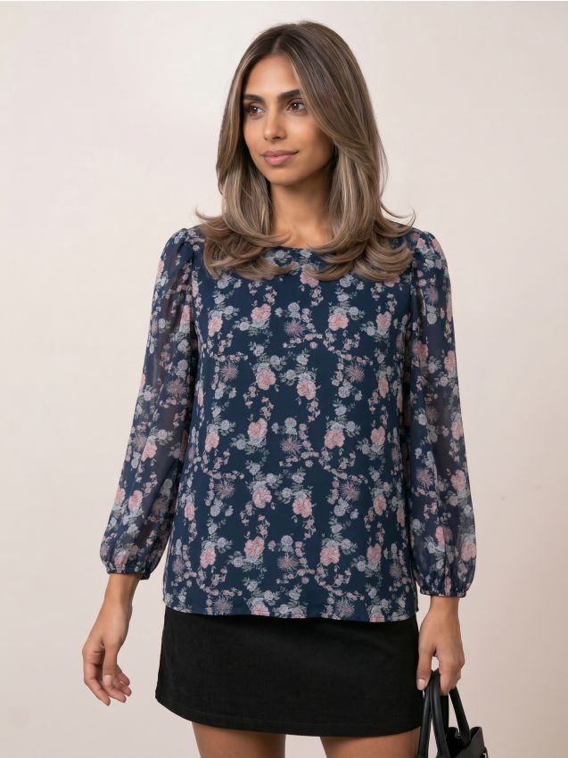 Sinsay - Bluză cu motiv floral și mâneci bufante - bleumarin
