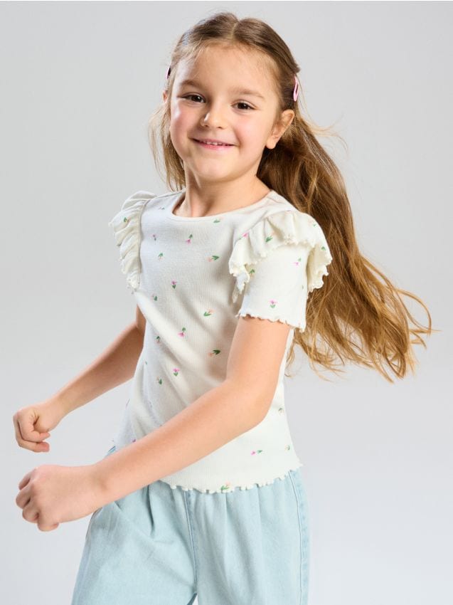 Sinsay - Pamut póló díszes fodrokkal - crem