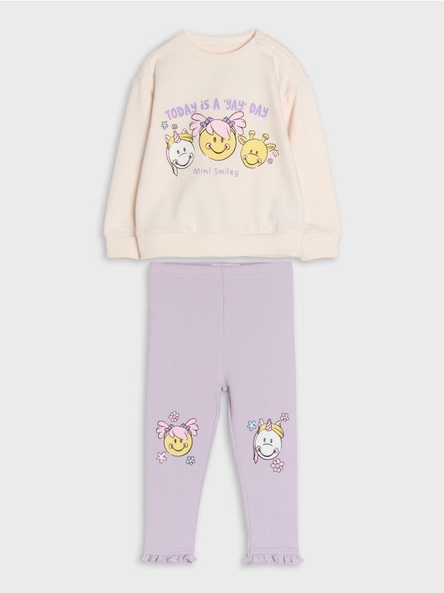 Sinsay - Bawełniany komplet: bluza i legginsy Mini Smiley - kremowy