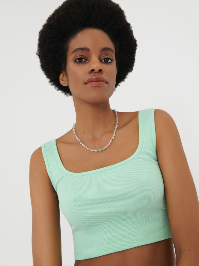 Sinsay - Crop top z prúžkovaného úpletu - mätová zelená