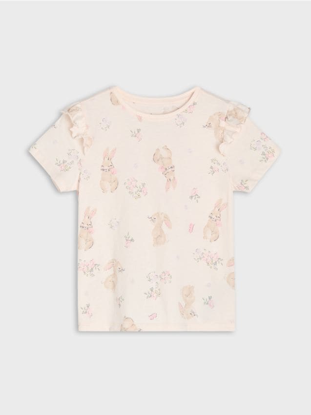 Sinsay - Tricou cu mânecă scurtă cu volănașe și motiv cu iepurași - roz