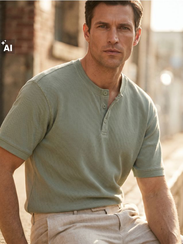 Sinsay - Tricou Henley din bumbac - verde-pal