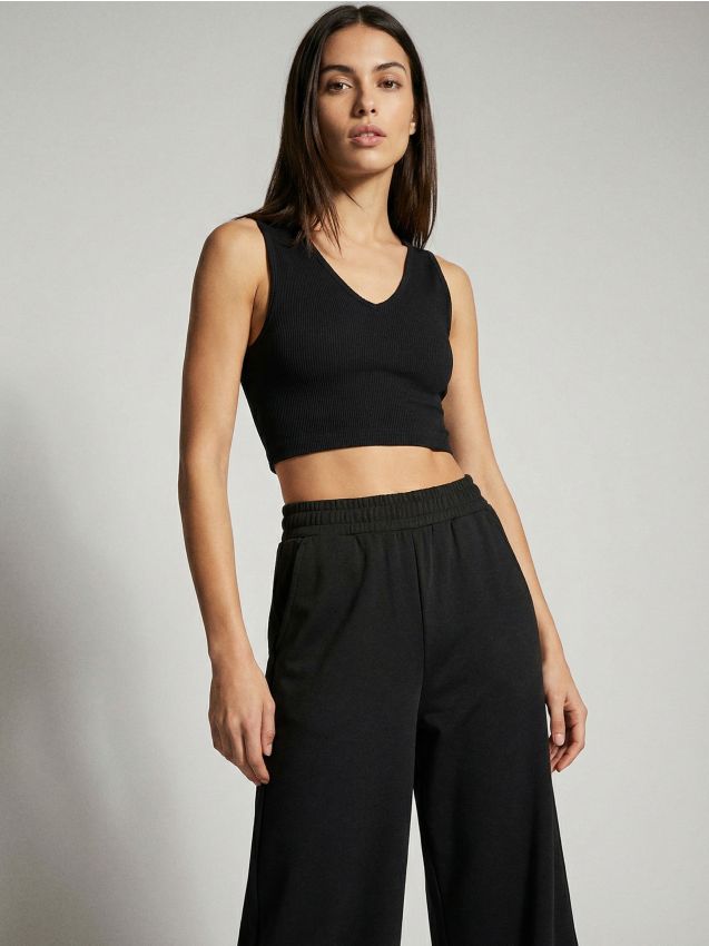 Sinsay - Bawełniany crop top - czarny