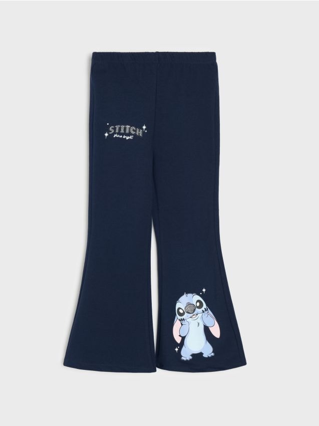 Sinsay - Pantaloni flare din bumbac cu strasuri Stitch - bleumarin
