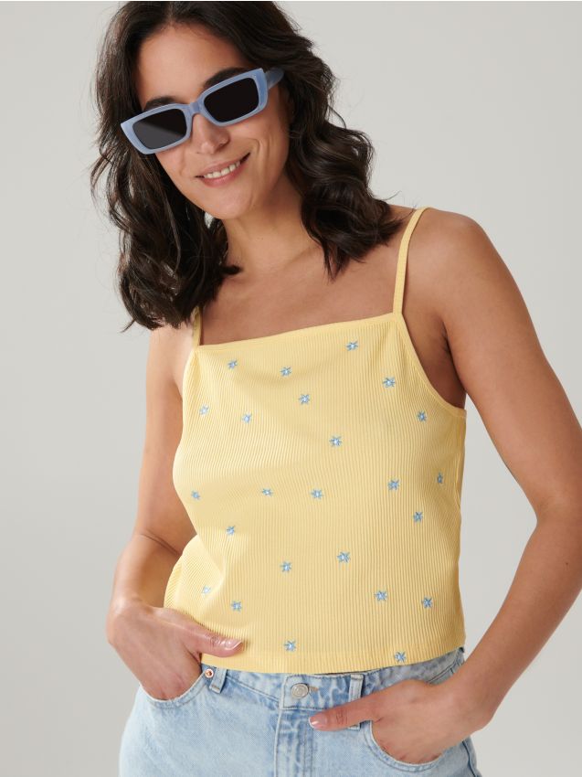 Sinsay - Crop top z haftem - żółty