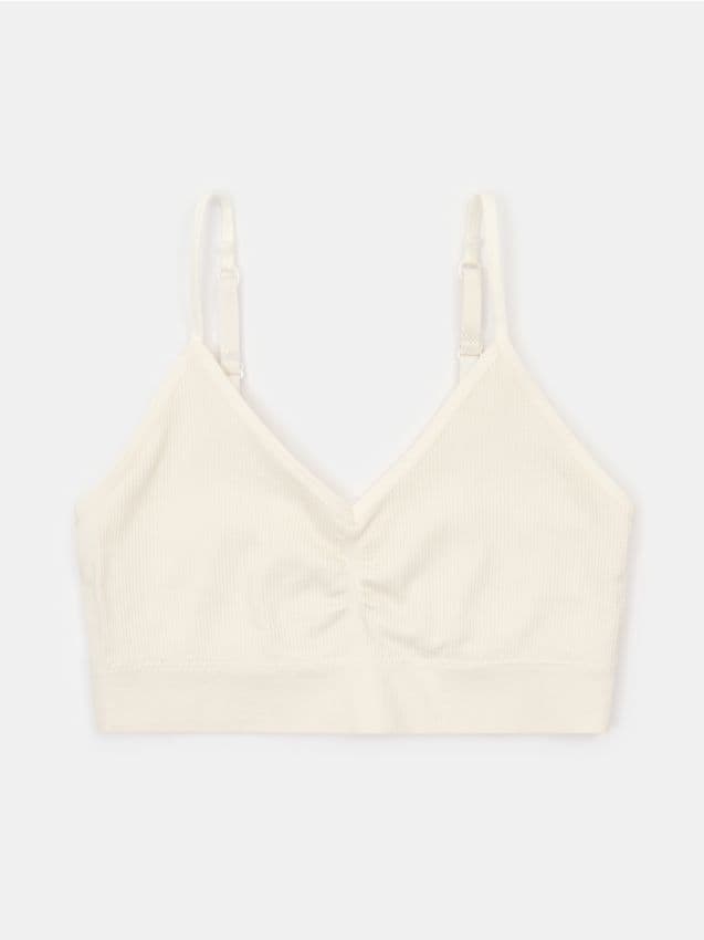 Bralette a coste con spalline regolabili e dettaglio arricciato - bianco