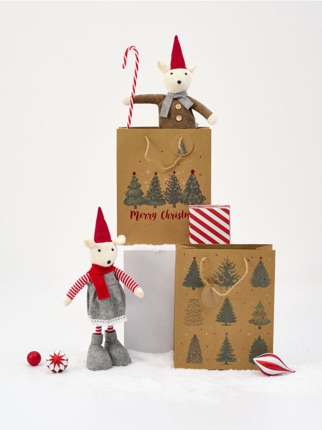 Sinsay - Sada vianočných darčekových tašiek s potlačou stromčekov 2 pack - hnedá