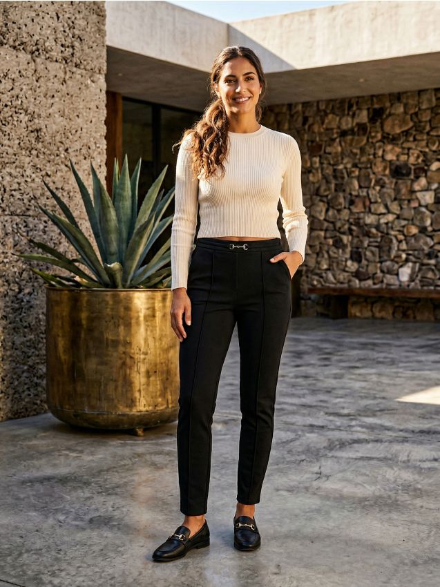 Sinsay - Legginsy soft touch z dekoracyjną klamrą w pasie oraz przeszyciami - czarny