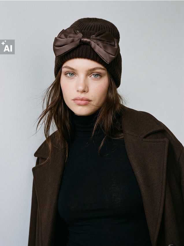 Sinsay - Căciulă din tricot striat, cu fundiță de efect - maro