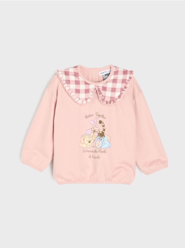 Sinsay - Bluză din bumbac cu guler în carouri și imprimeu Winnie the Pooh - roz-pudră