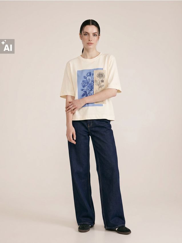 Sinsay - Tricou din bumbac cu model floral - nude