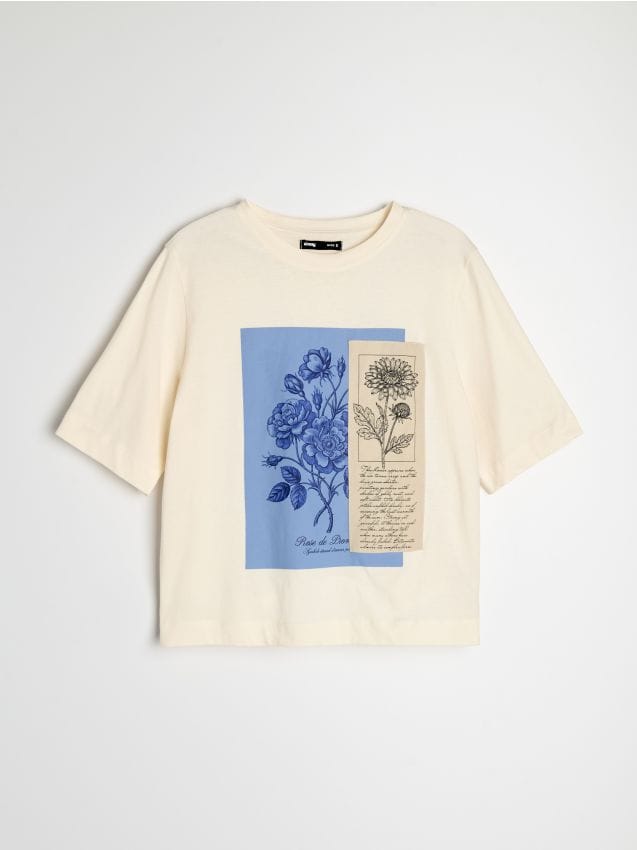 Sinsay - Tricou din bumbac cu model floral - nude