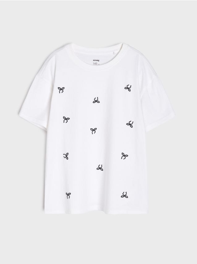 Sinsay - Tricou din bumbac cu fundițe brodate - alb