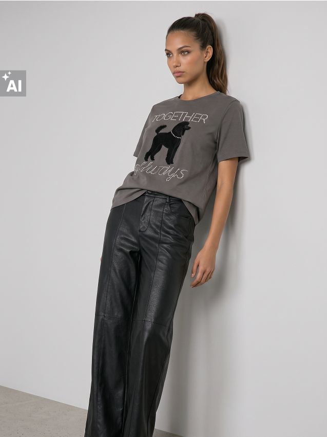 Sinsay - Tricou cu imprimeu și aplicație strălucitoare - gri-închis