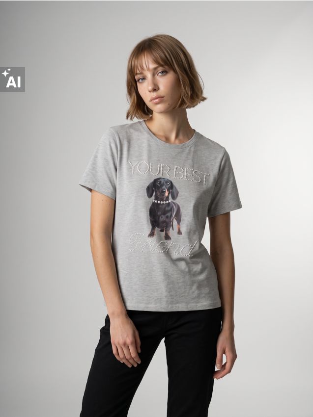 Sinsay - Tricou cu imprimeu și aplicație strălucitoare - gri deschis