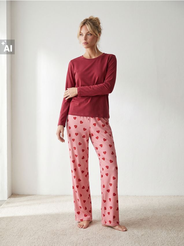 Sinsay - Pijama din două piese, cu inimioare - roz
