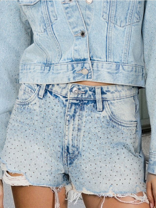 Szorty jeansowe high waist z cyrkoniami - SINSAY