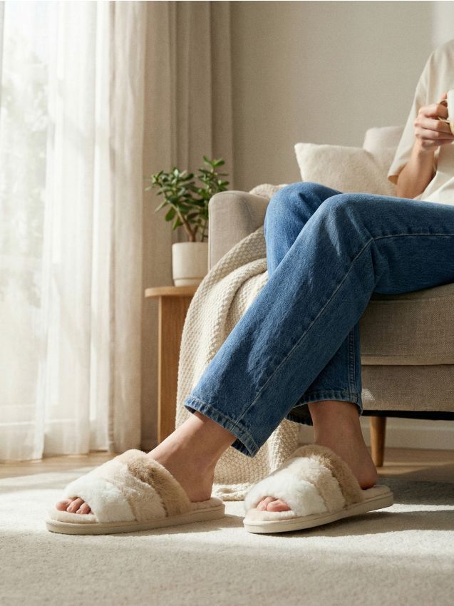 Sinsay - Papuci de casă din blană artificială - bej