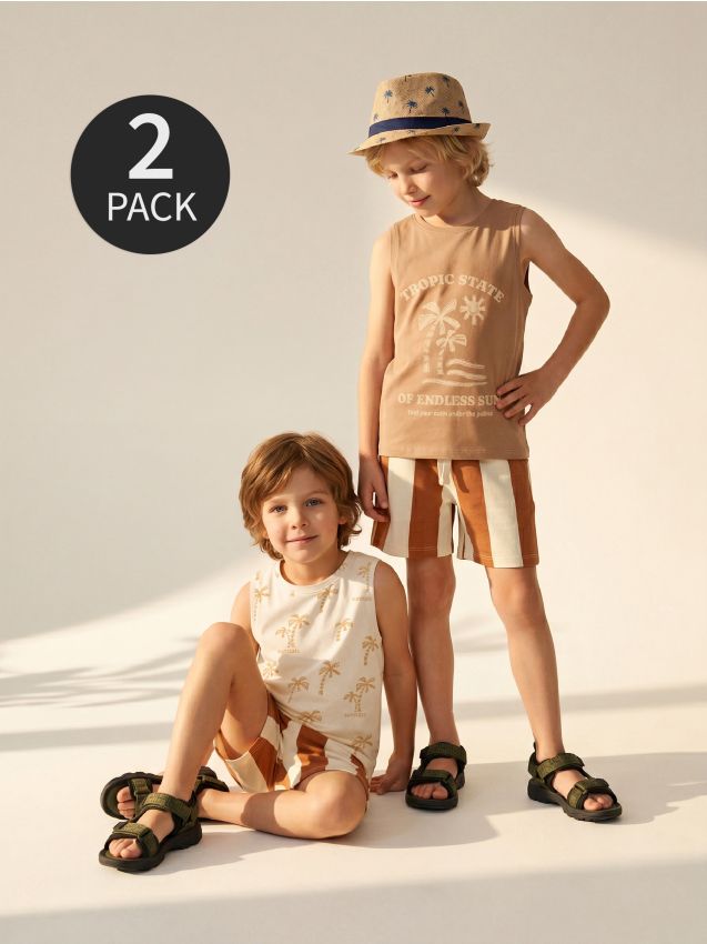 Sinsay - Tricouri din bumbac cu motiv de vacanță 2 pack - cacao-cu-lapte