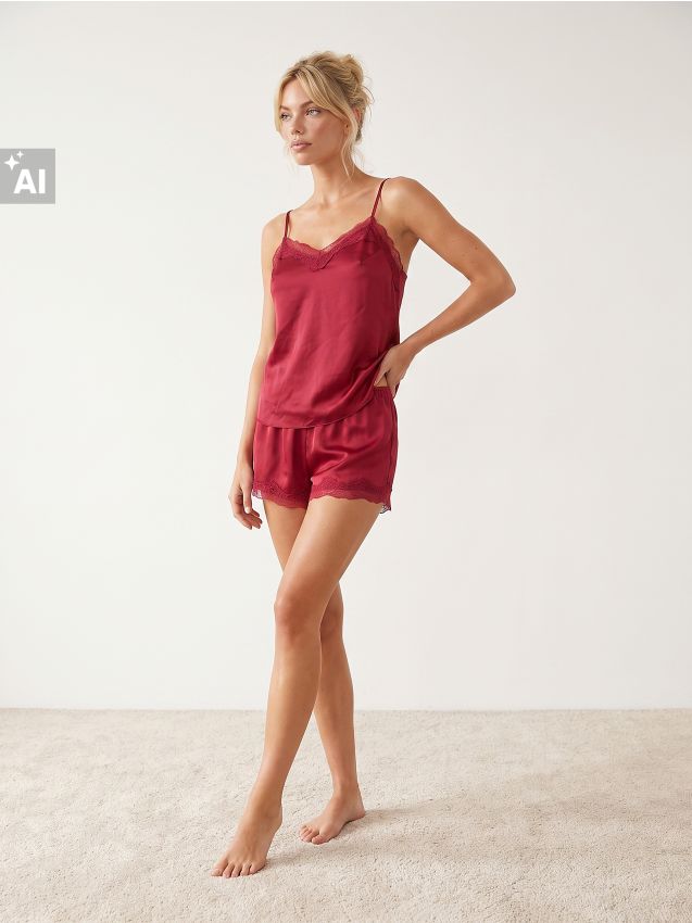 Sinsay - Pijama din două piese din satin cu finisaj din dantelă - roșu