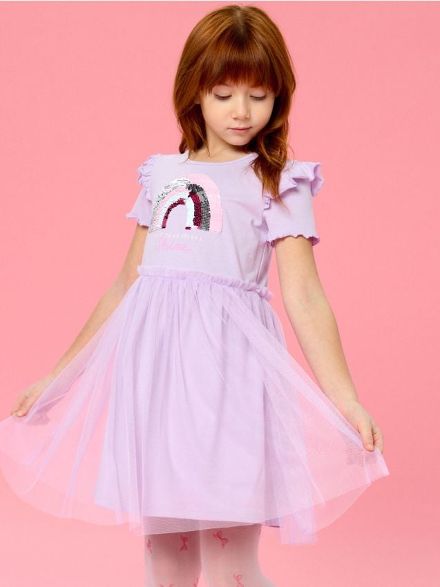 Sinsay - Sukienka z tiulowym dołem, cekinową aplikacją i falbankami - fioletowy