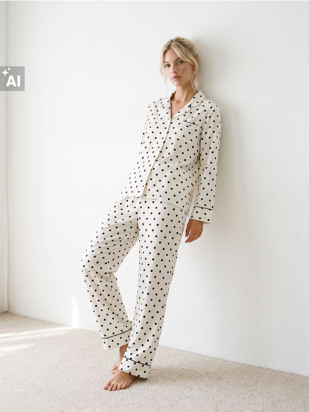Sinsay - Pijama din viscoză din două piese cu buline - crem