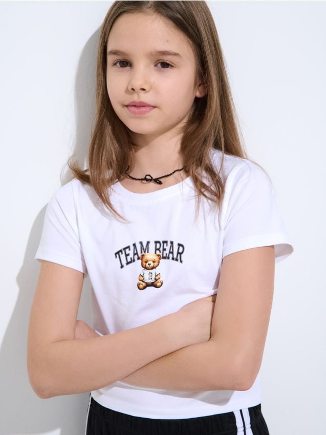 Sinsay - Tricou din bumbac cu imprimeu cu ursuleț - crem