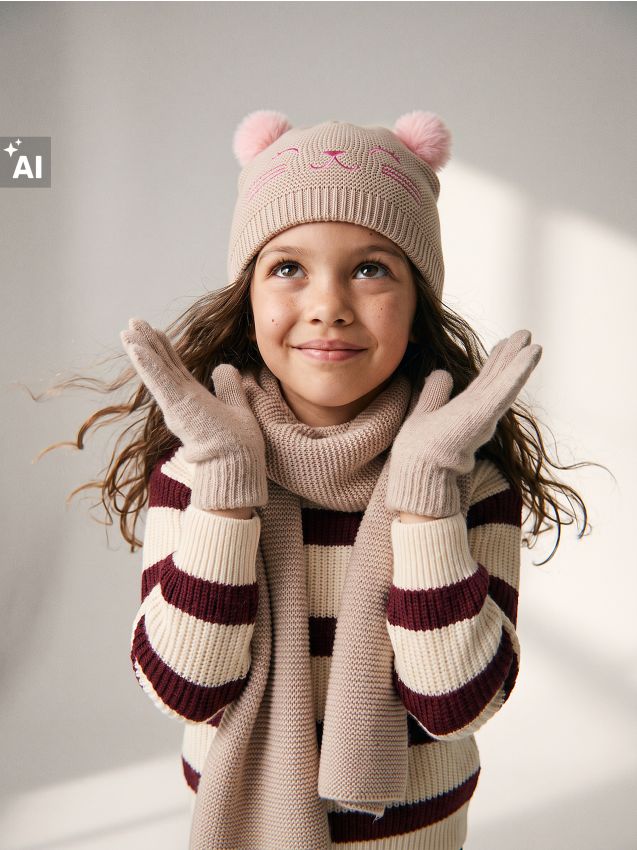 Sinsay - Set cu motiv de pisică: căciulă beanie, fular și mănuși 3 pack - bej