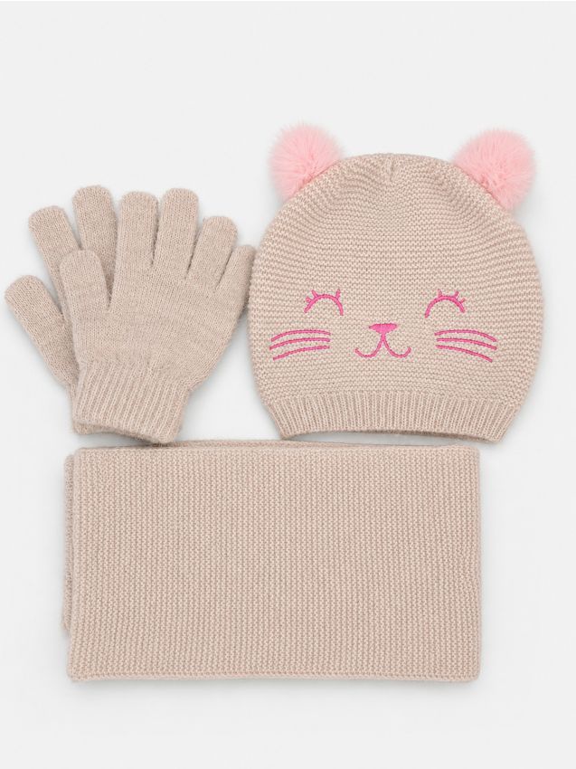 Sinsay - Set cu motiv de pisică: căciulă beanie, fular și mănuși 3 pack - bej