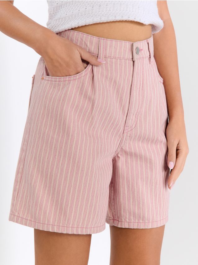 Sinsay - Szorty jeansowe high waist w paski - różowy