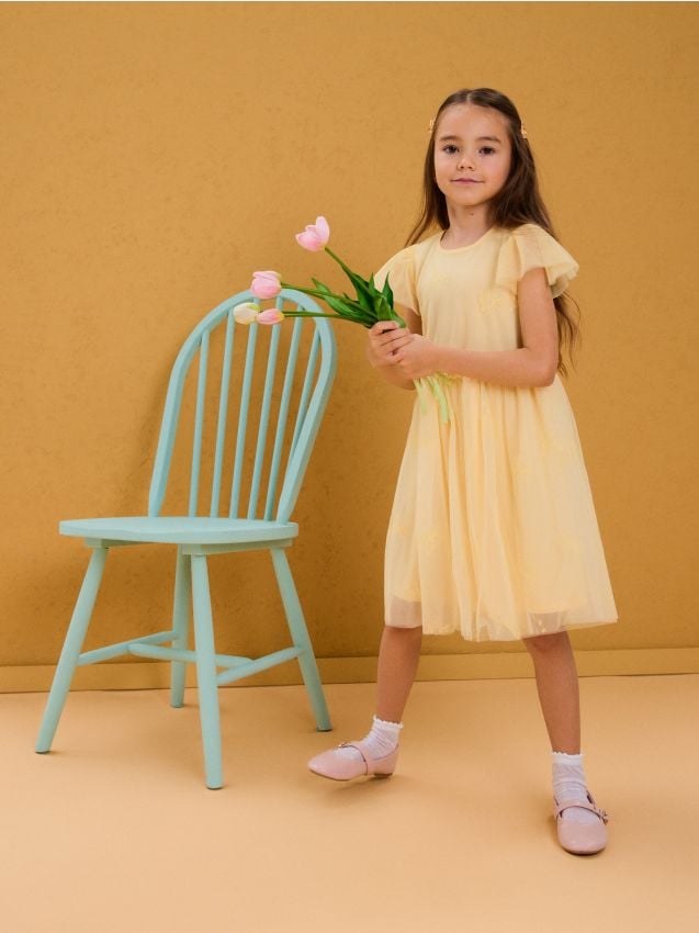 Sinsay - Rochie cu fustă și mâneci din tul - galben