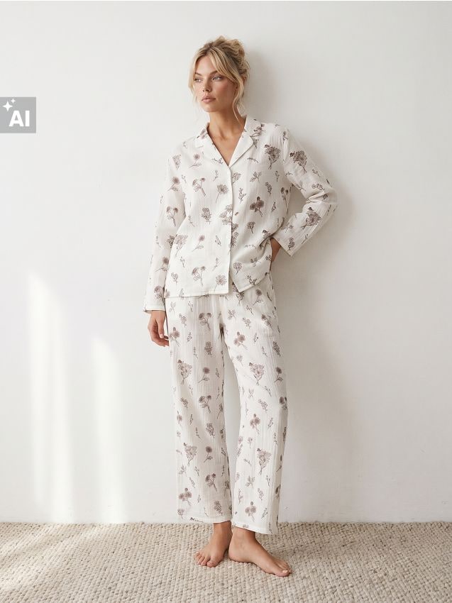 Sinsay - Pijama din bumbac din două piese cu motiv floral - alb