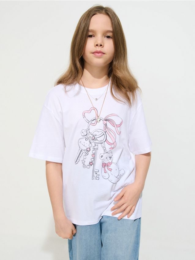 Sinsay - Tricou din bumbac cu imprimeu cu ursuleț și chei - alb