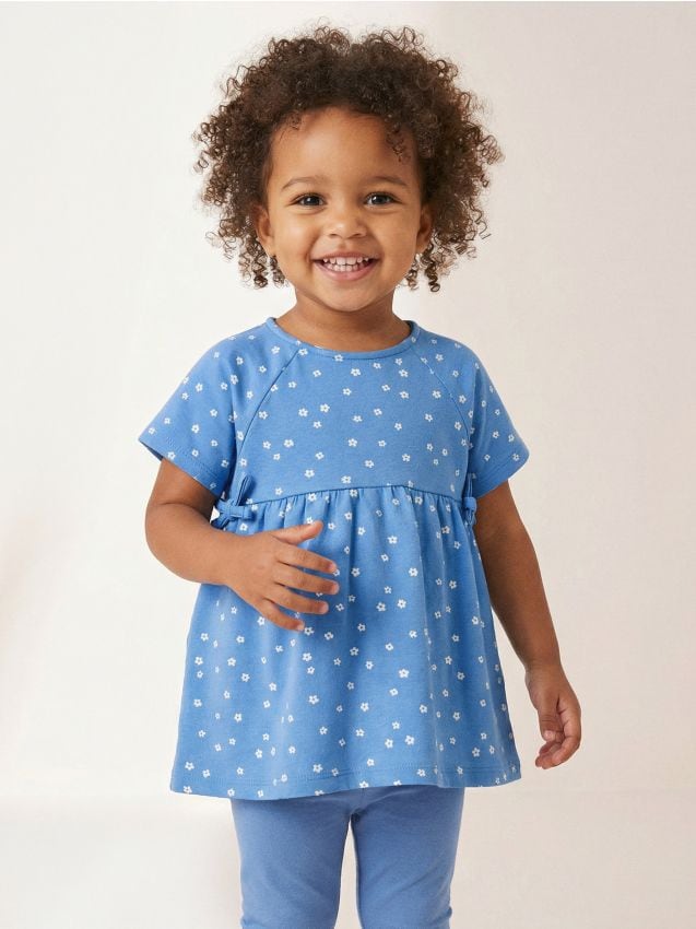 Sinsay - Bluză oversize din bumbac cu imprimeu floral mărunt și funde 3D - albastru