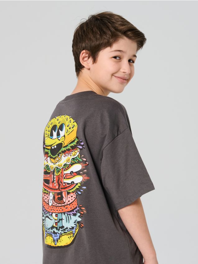 Sinsay - Bavlnené oversize tričko s potlačou SpongeBob SquarePants - tmavosivá