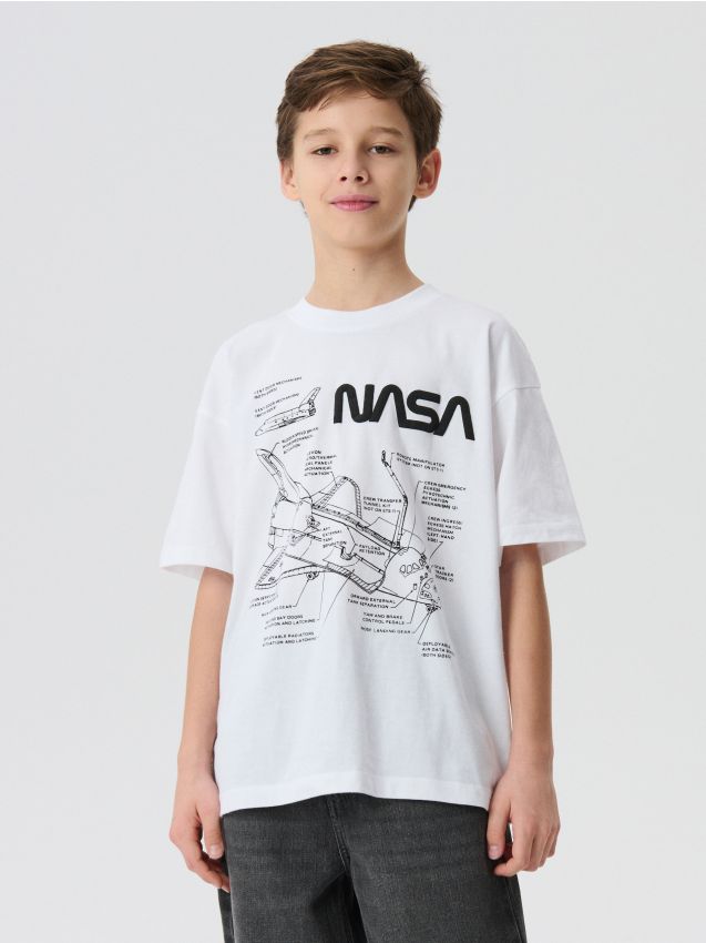 Sinsay - Bawełniana koszulka oversize z nadrukiem NASA - biały