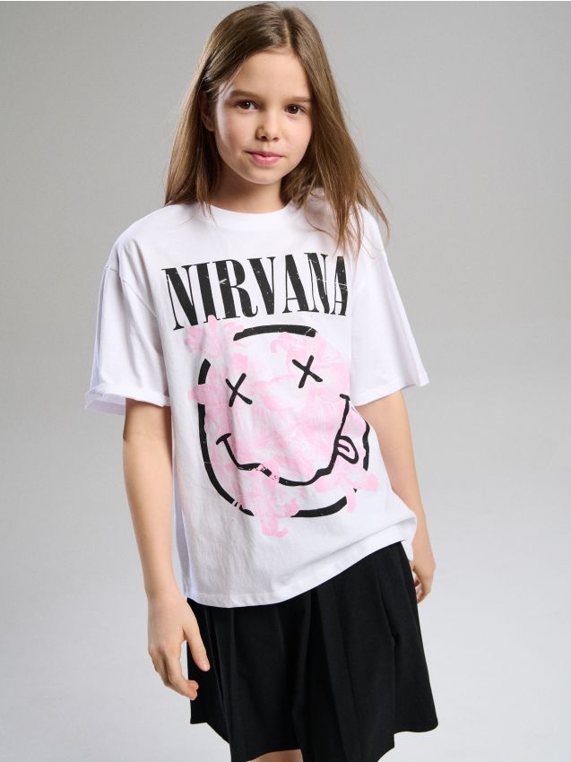 Sinsay - Tricou oversize din bumbac cu imprimeu Nirvana - alb