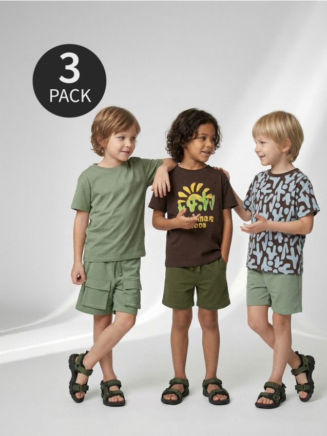 Sinsay - Tricouri din bumbac cu imprimeu 3 pack - verde-maroniu