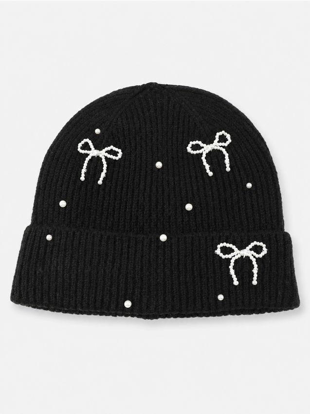 Sinsay - Căciulă beanie striată cu aplicație decorativă cu funde - negru