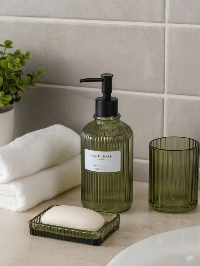 Sinsay - Sada: Dávkovač na mydlo, pohár na kefky a mydelnička - bledozelená
